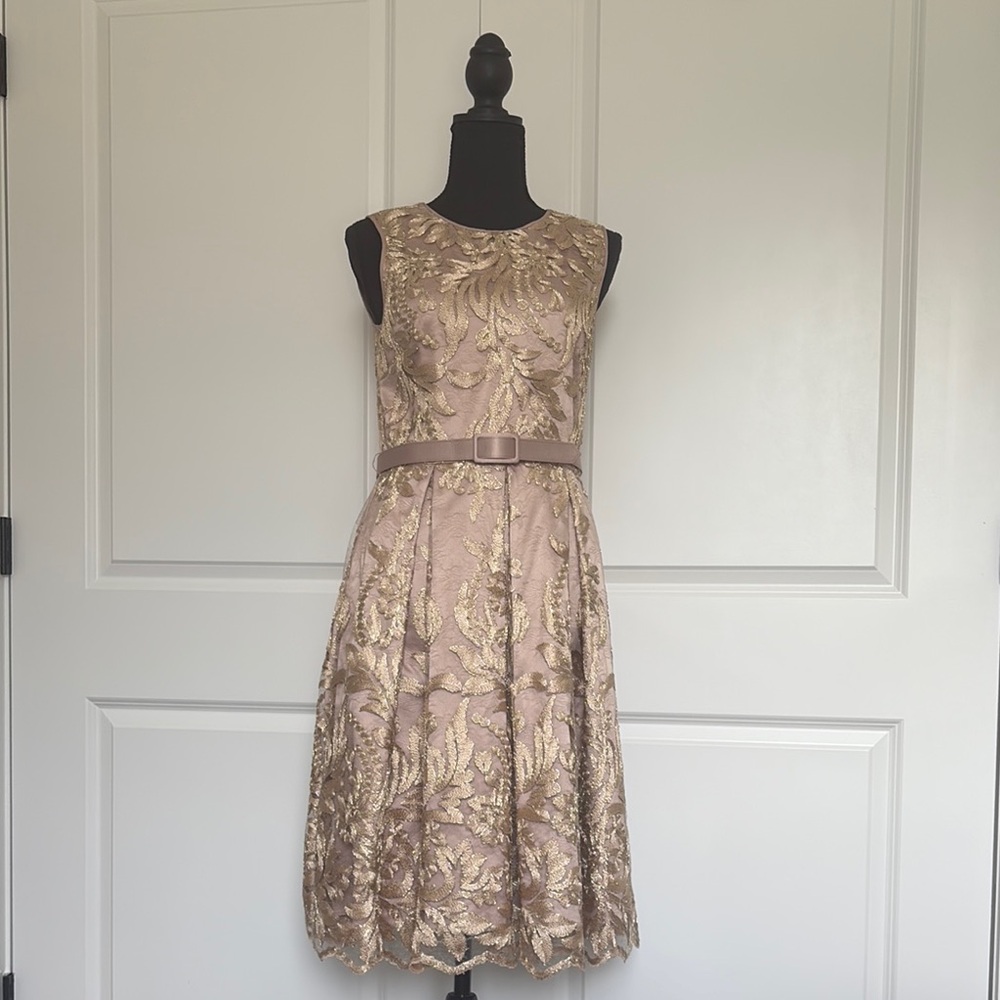 Eliza J Gold A-Line Midi Dress Sleeveless Crew Neck